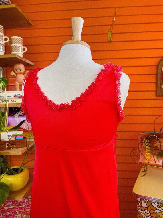 Vintage Bright Red Nightgown, Slit, Ruffles, 70s,… - image 10