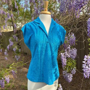 Vintage Terry Cloth Vibrant Blue Blouse Large 80s 70s