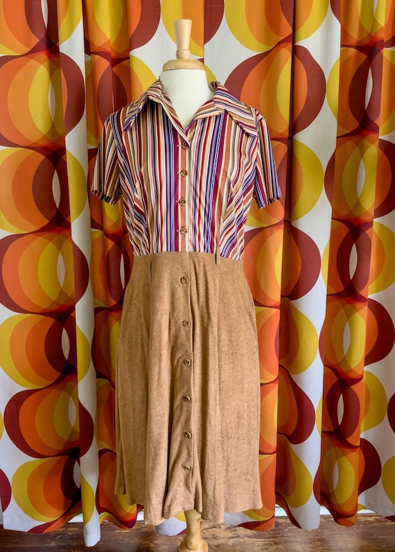 Vntg Two-Toned Striped Collared Dress 70s L Retro