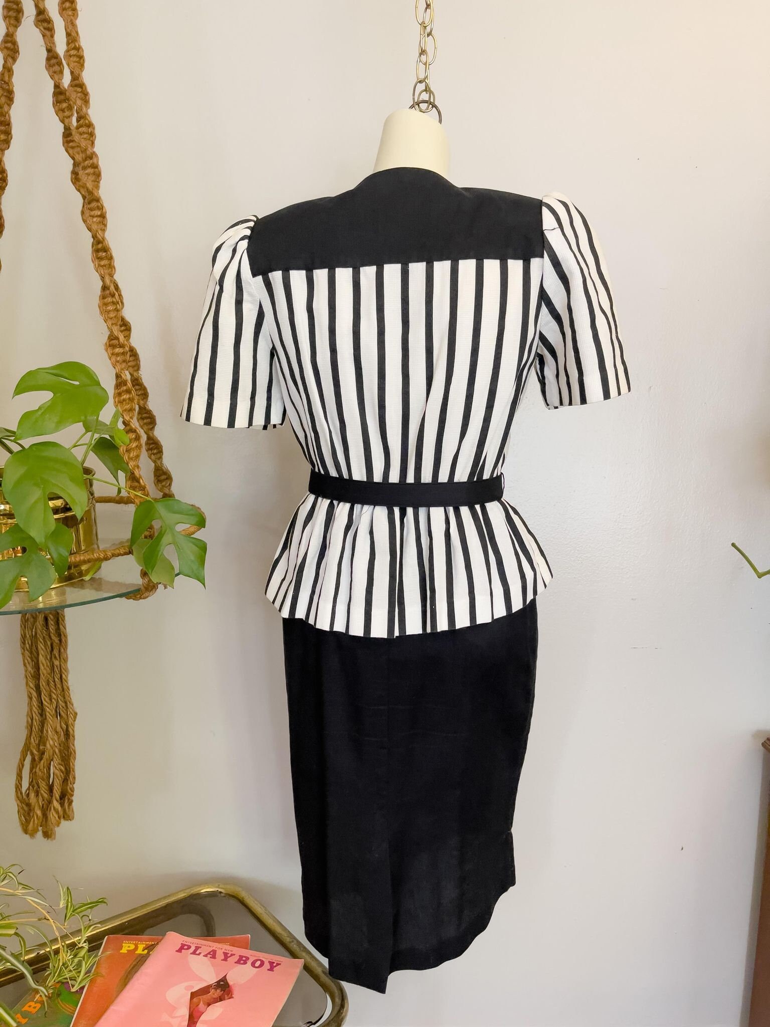 80s Retro Striped Black & White Dress With Belted Waist