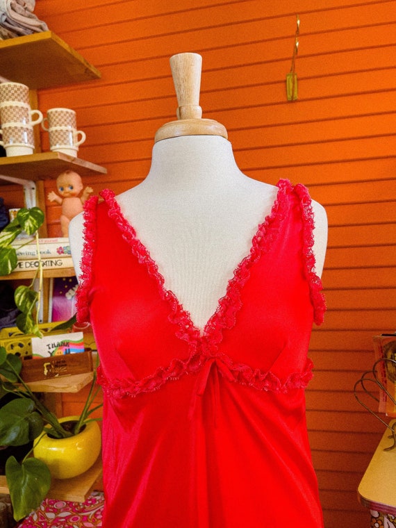 Vintage Bright Red Nightgown, Slit, Ruffles, 70s,… - image 6