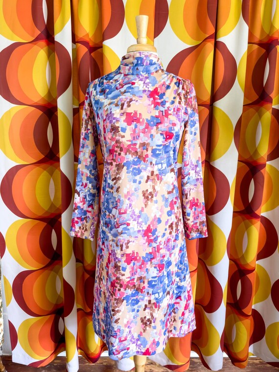60s 70s Vntg Jeanne Durrell Abstract Print Dress … - image 2