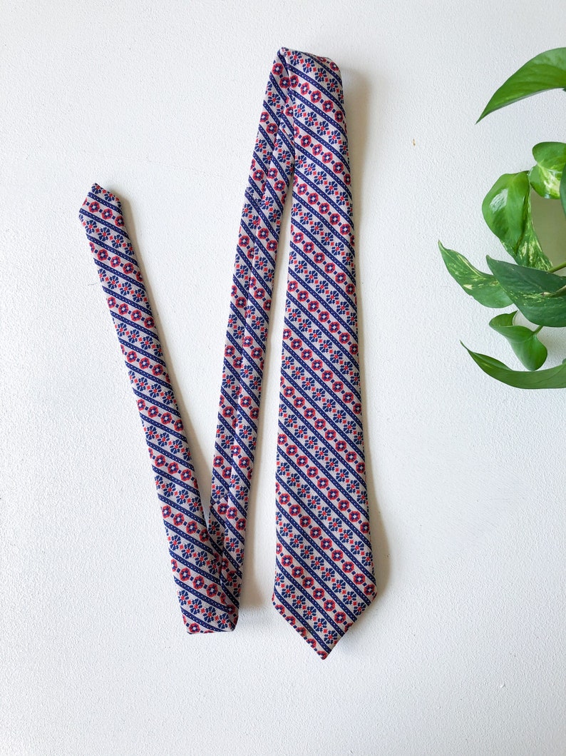 Retro Blue and Red Vintage 70s 60s Necktie Tie Mens Womens Geometric Pattern Handmade