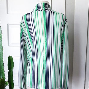 70s Vintage Striped TurtleNeck White Green Blue Womens Long Sleeve Silky Retro Medium Large Zip Up Back image 6