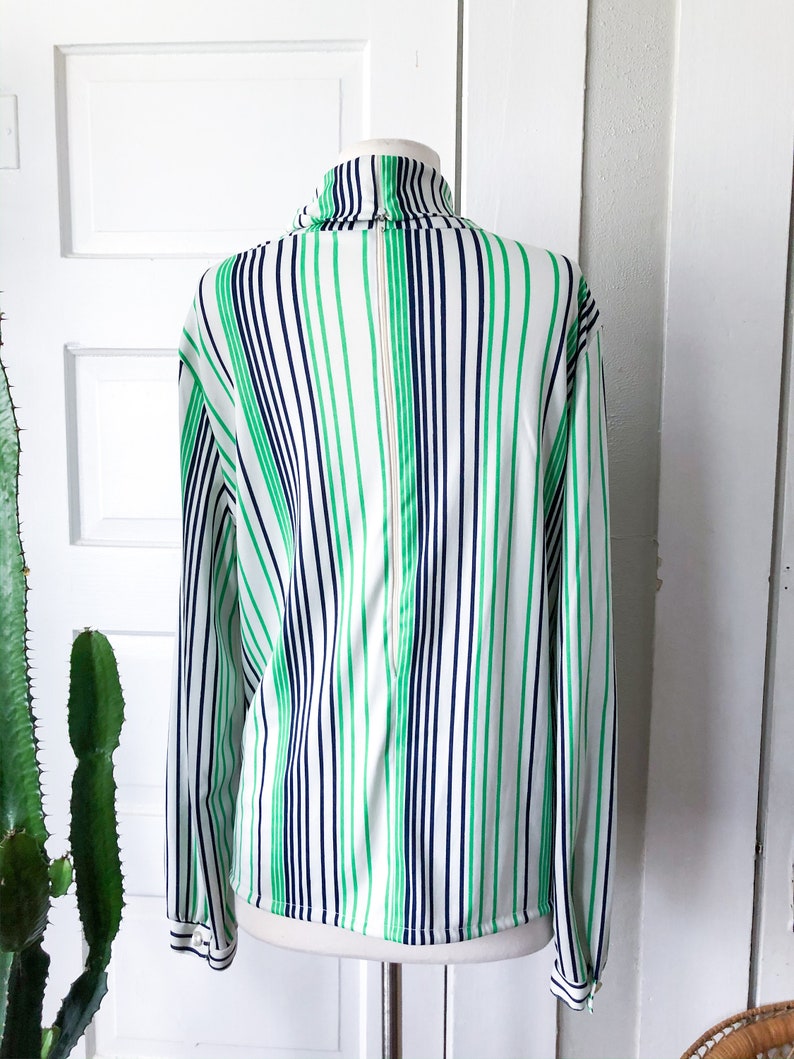 70s Vintage Striped TurtleNeck White Green Blue Womens Long Sleeve Silky Retro Medium Large Zip Up Back image 6