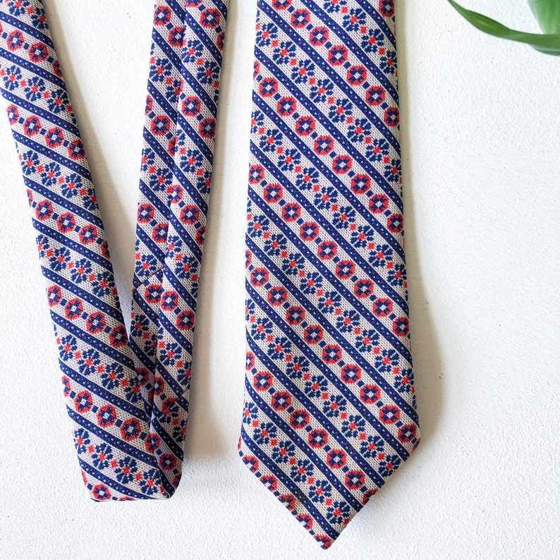 Retro Blue and Red Vintage 70s 60s Necktie Tie Mens Womens Geometric Pattern Handmade