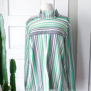 70s Vintage Striped TurtleNeck White Green Blue Womens Long Sleeve Silky Retro Medium Large Zip Up Back image 2