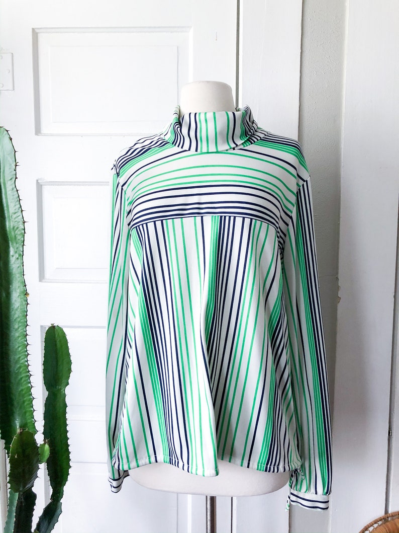 70s Vintage Striped TurtleNeck White Green Blue Womens Long Sleeve Silky Retro Medium Large Zip Up Back image 2
