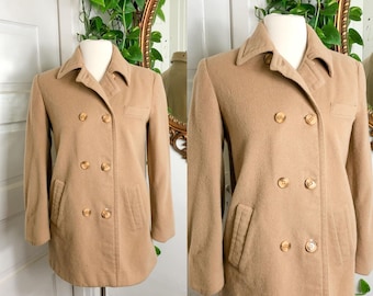 Vintage 60s Marissa Sport lana abrigo mujeres pequeño medio camello marrón abotonado