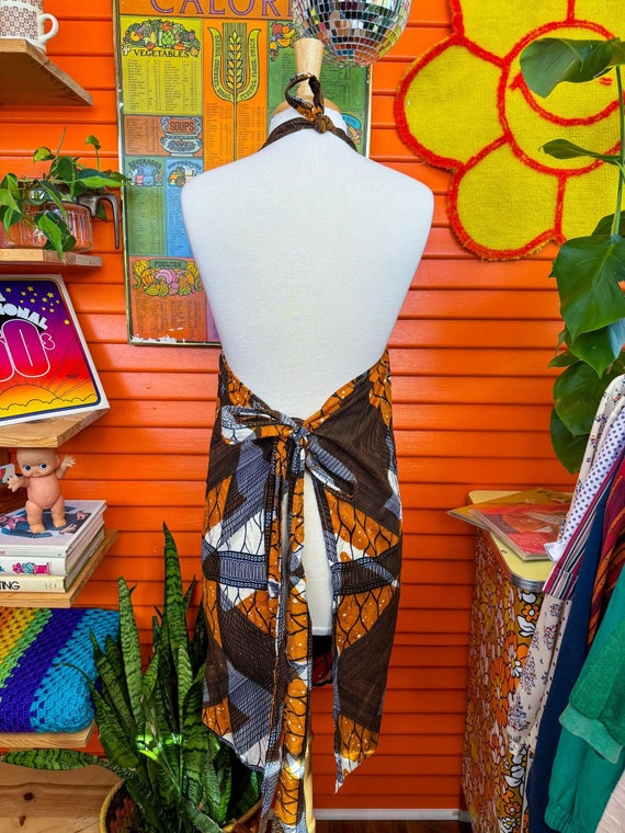 Vntg Apron Retro Abstract Pattern Orange Blue Whi… - image 3