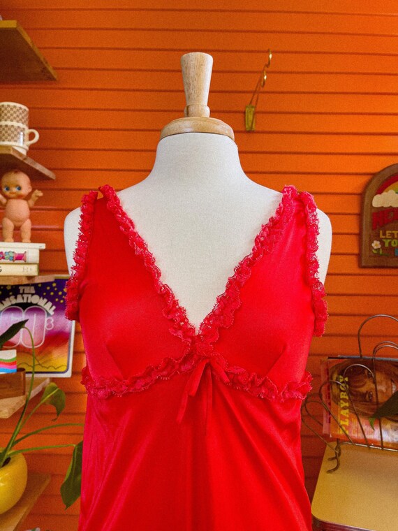 Vintage Bright Red Nightgown, Slit, Ruffles, 70s,… - image 3