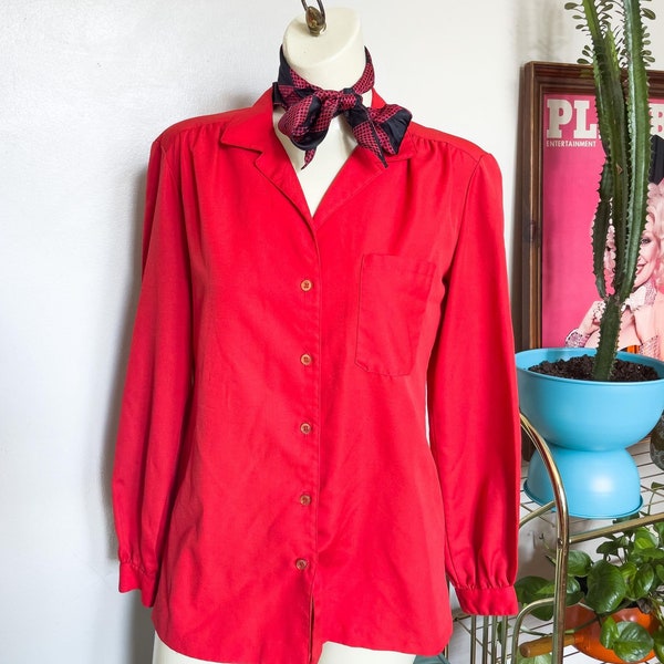 Vintage 70s 80s SILKHANA by Lady Manhattan Bright Red Long Sleeve Silky Blouse Size 8 Medium Large Womens