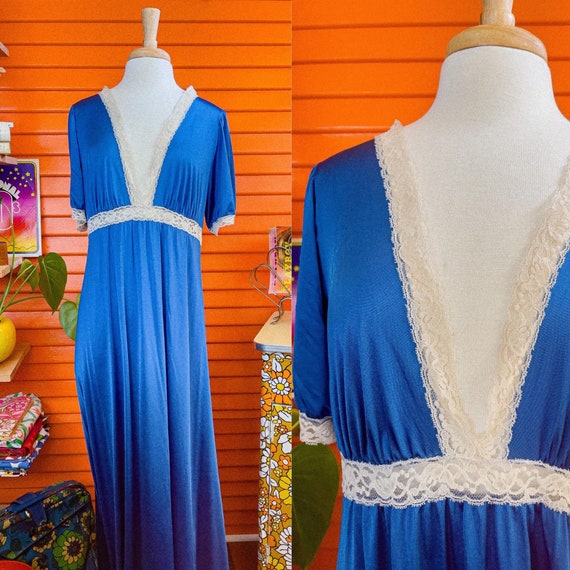 60s 70s Blue Nightgown, Lingerie, Lace SHADOWLINE… - image 1