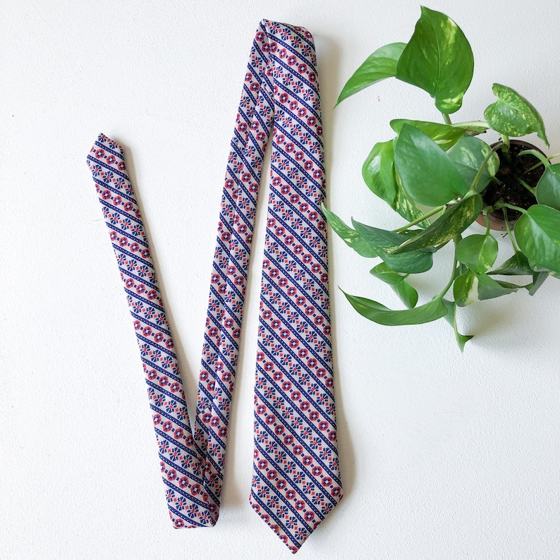 Retro Blue and Red Vintage 70s 60s Necktie Tie Mens Womens Geometric Pattern Handmade