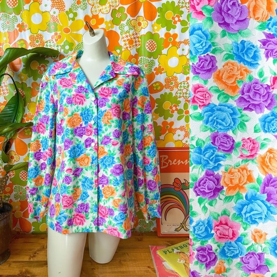Vntg 80s Bright Neon Floral Long Sleeve Blouse