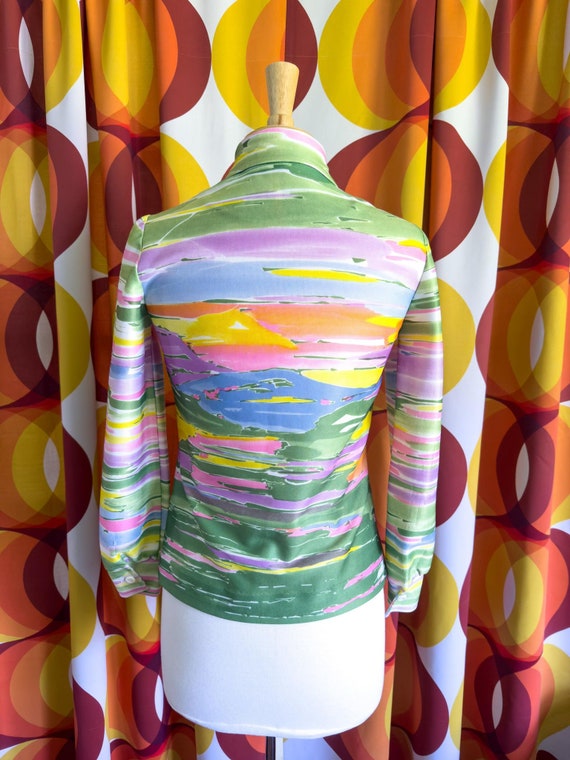 Vntg 60s 70s Sunset Painting Print Collared Blous… - image 3