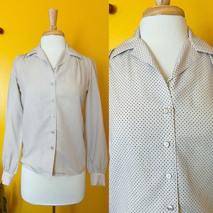 Vntg Cream & Brown Polka Dot Long Sleeves Blouse S/M 80s
