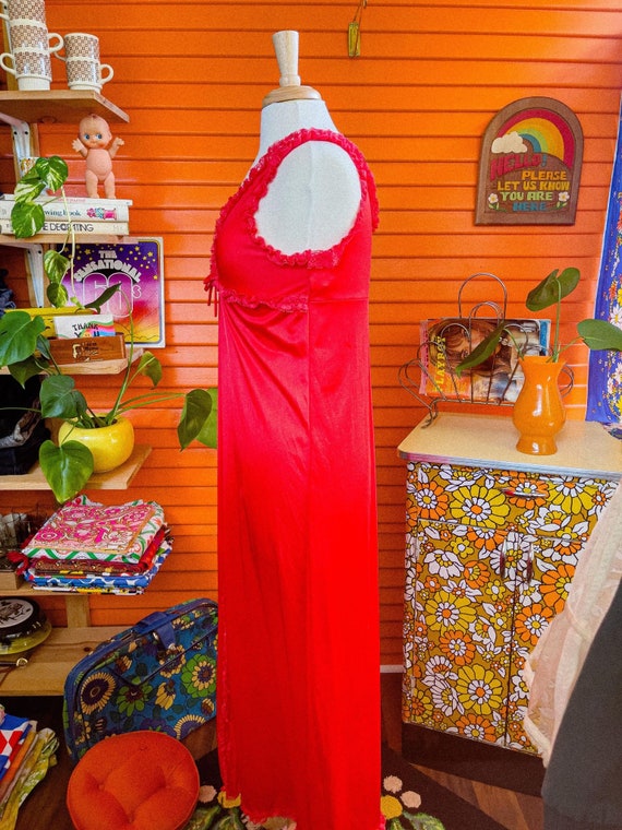 Vintage Bright Red Nightgown, Slit, Ruffles, 70s,… - image 7