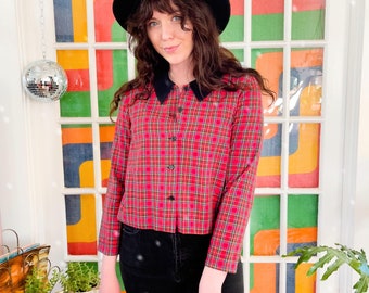 80s Plaid Black Corduroy Collared Blouse / Long Sleeve / Red