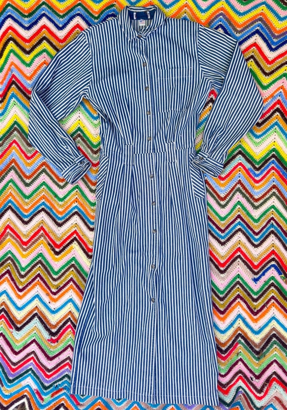 Vntg 80s Striped Dress Size 6 28" Waist Railroad D
