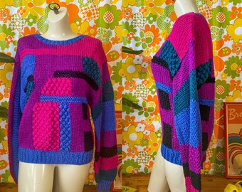 vntg 80s HAND KNIT geometric funkysweater 100% acrylic size medium Lady Ballymoor