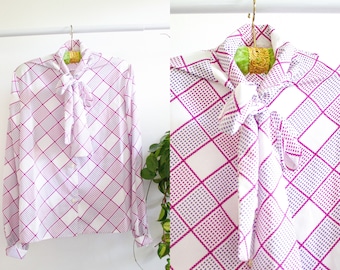 Blusa vintage CASTLEBERRY con estampado geométrico en rosa y morado para mujer, blusa retro con lazo y manga larga