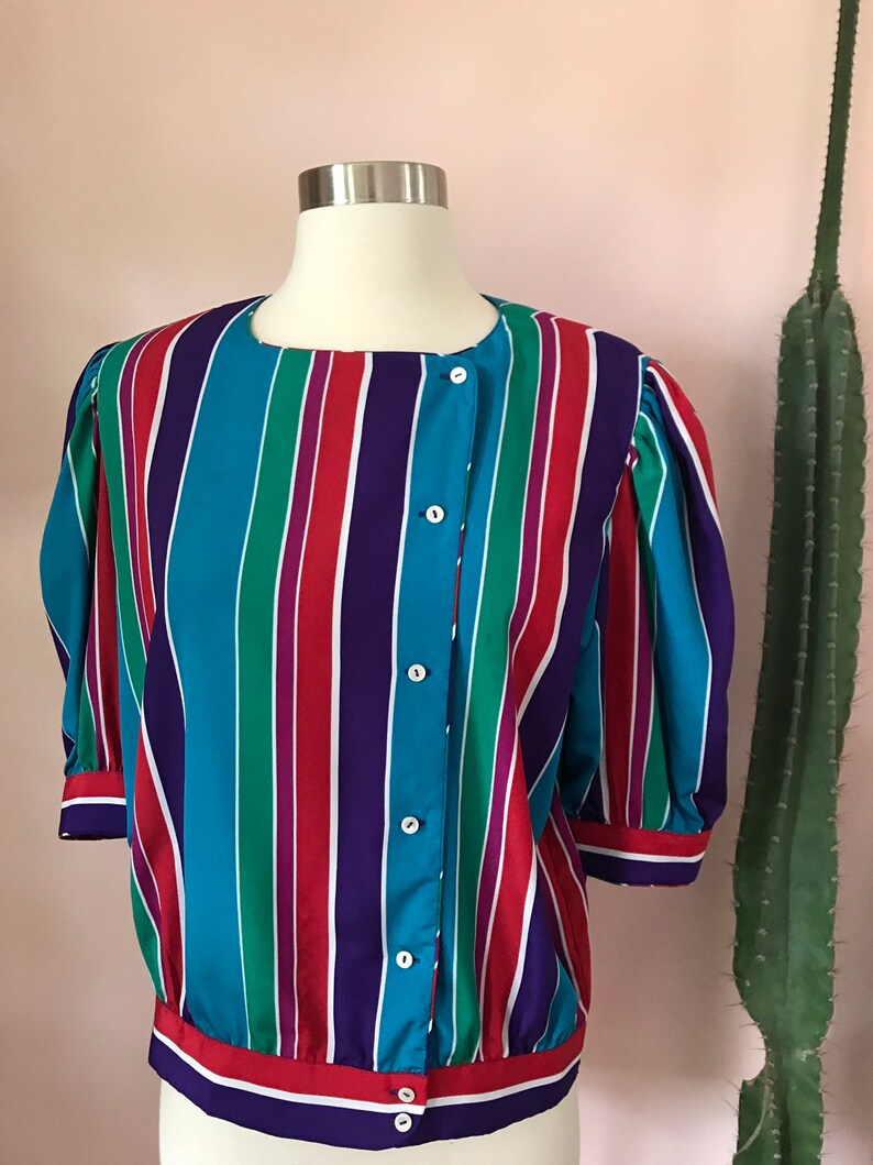 Vintage 1980s Liz Claiborne Rainbow Multicolored Striped Blouse Size 12