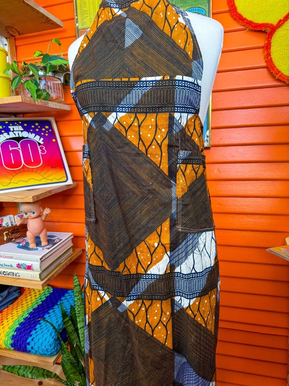 Vntg Apron Retro Abstract Pattern Orange Blue Whi… - image 4