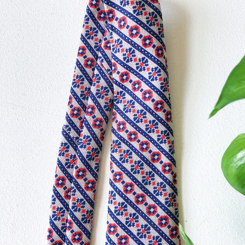 Retro Blue and Red Vintage 70s 60s Necktie Tie Mens Womens Geometric Pattern Handmade