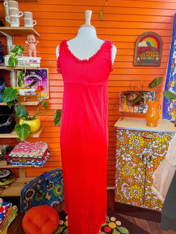 Vintage Bright Red Nightgown, Slit, Ruffles, 70s,… - image 9