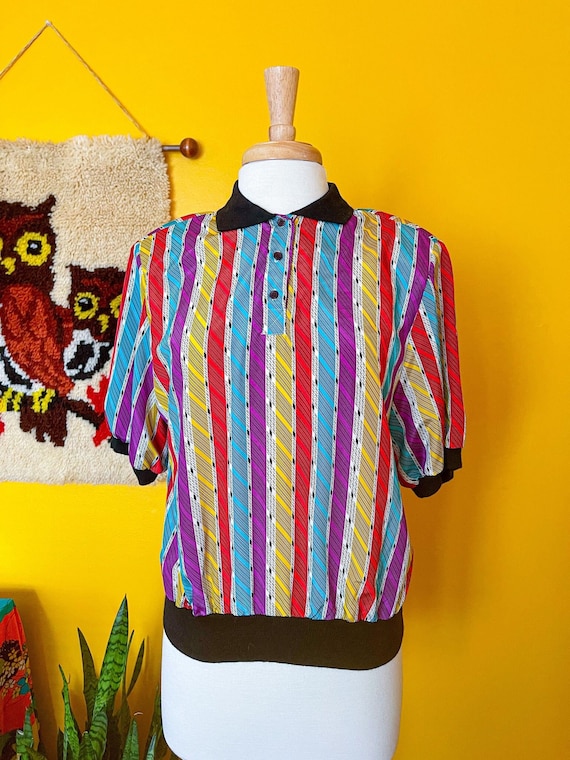 Vntg 80s 90s Striped Collared Shirt Rainbow Multic