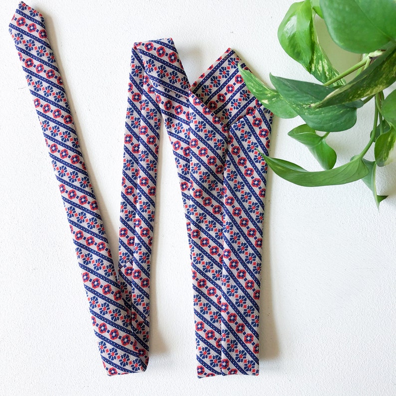 Retro Blue and Red Vintage 70s 60s Necktie Tie Mens Womens Geometric Pattern Handmade