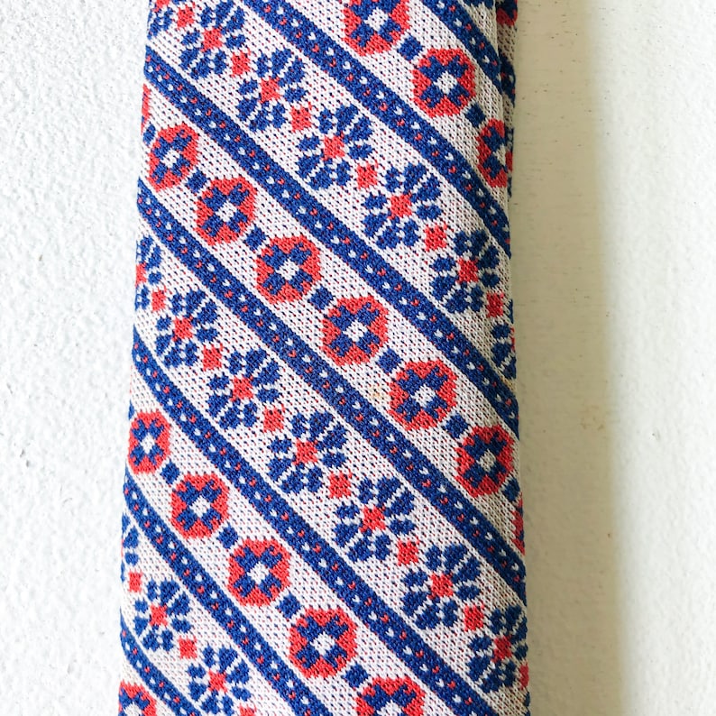 Retro Blue and Red Vintage 70s 60s Necktie Tie Mens Womens Geometric Pattern Handmade