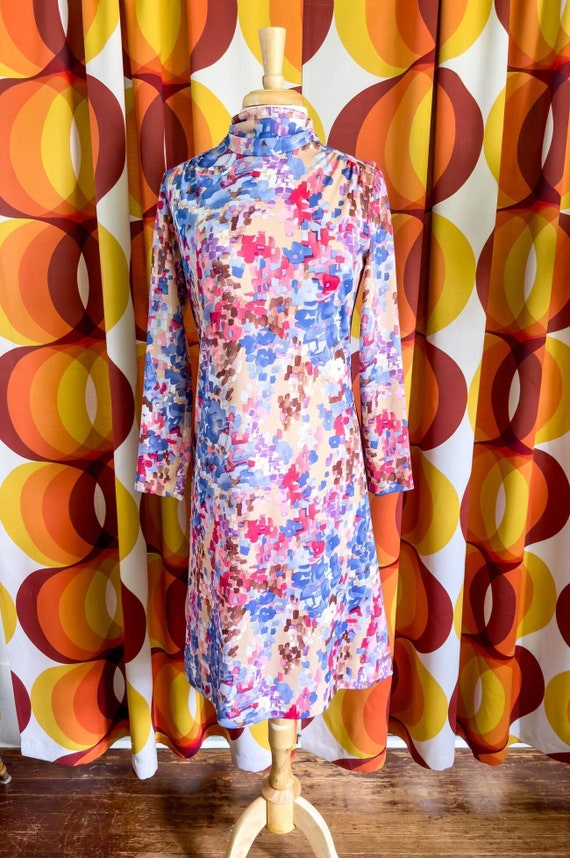 60s 70s Vntg Jeanne Durrell Abstract Print Dress … - image 1