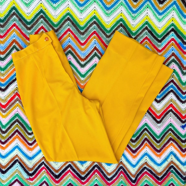 Vntg 60s 70s Yellow High Waisted Pants 28" Waist Trouser Pants