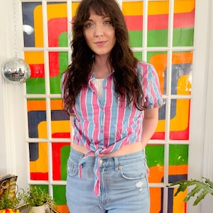 Pink & Blue Striped Tie Blouse / Size Large / Vintage / 60s 70s