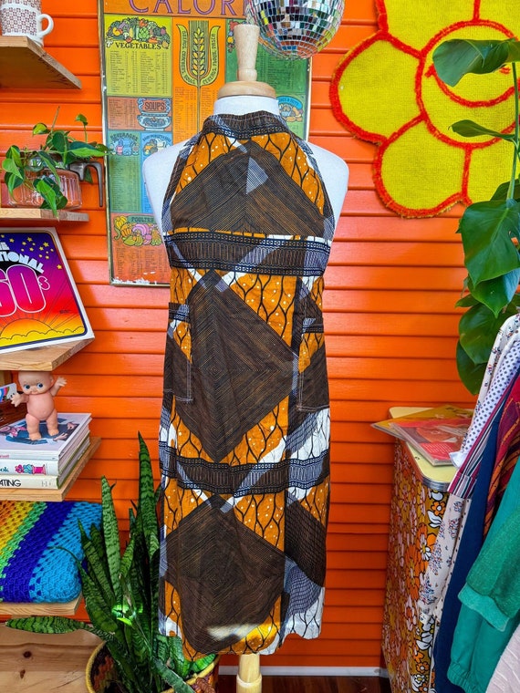 Vntg Apron Retro Abstract Pattern Orange Blue Whi… - image 1