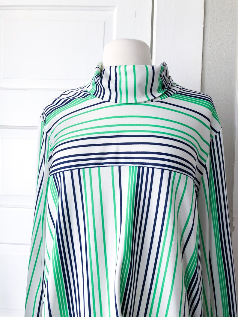 70s Vintage Striped TurtleNeck White Green Blue Womens Long Sleeve Silky Retro Medium Large Zip Up Back image 4
