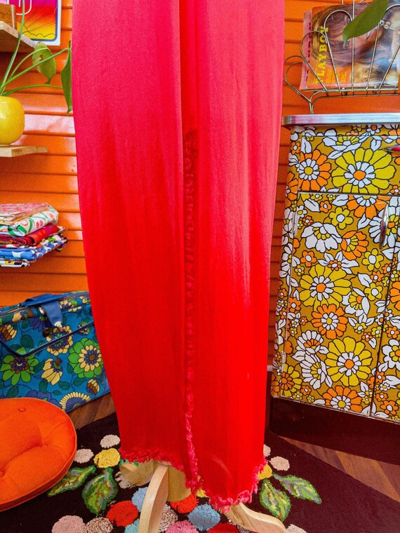 Vintage Bright Red Nightgown, Slit, Ruffles, 70s,… - image 4