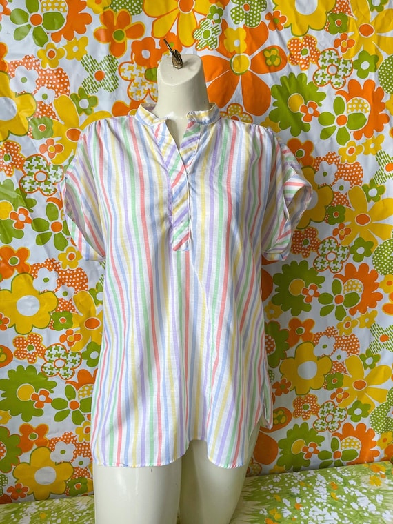 Vntg Pastel Striped Laura Mae Blouse Cap Sleeves 7