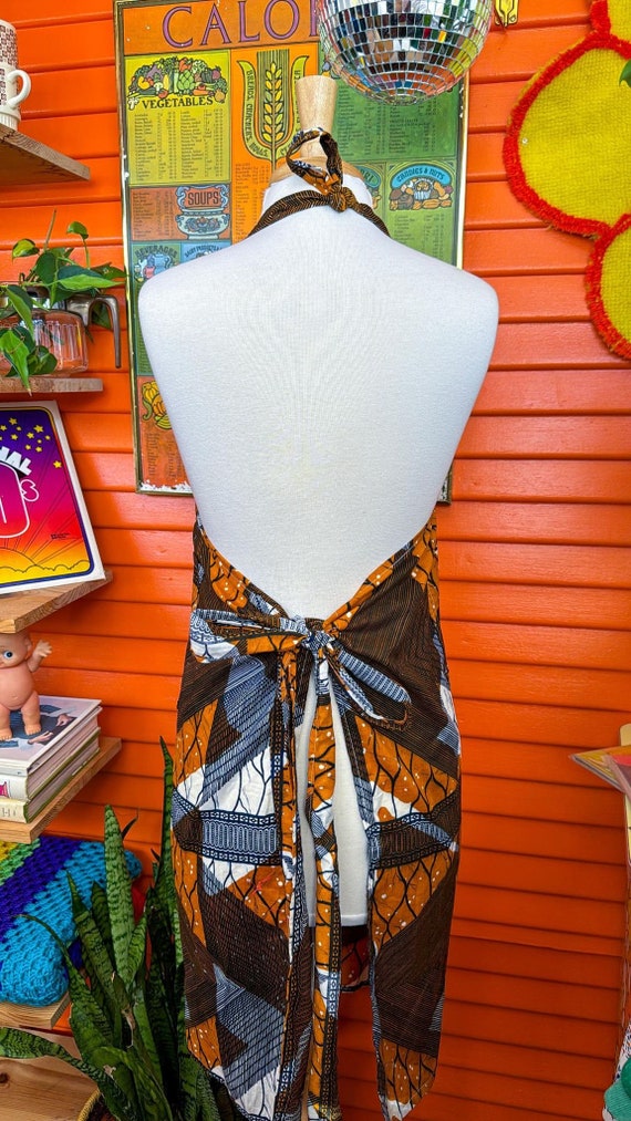 Vntg Apron Retro Abstract Pattern Orange Blue Whi… - image 9