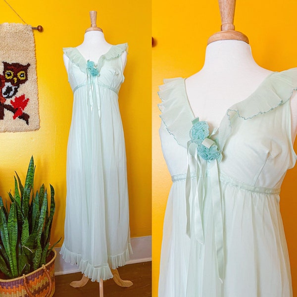 Vntg 60s 70s Evette Mint Green Nightgown Lingerie Ruffles Floral Sheer