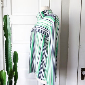 70s Vintage Striped TurtleNeck White Green Blue Womens Long Sleeve Silky Retro Medium Large Zip Up Back image 3