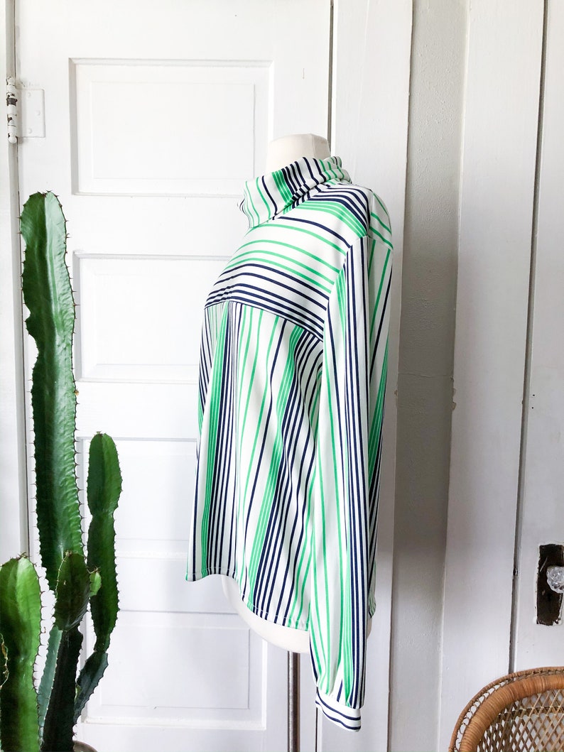 70s Vintage Striped TurtleNeck White Green Blue Womens Long Sleeve Silky Retro Medium Large Zip Up Back image 3