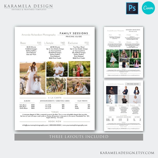 Minimalist Pricing Guide Template for Photographers, Senior Sessions, Family Sessions, Photography Packages | Photoshop & Canva