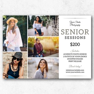 Op de afbeelding: Een flyer die senior fotoshoots adverteert voor € 200. De flyer bevat een collage met foto's van jonge vrouwen in verschillende poses en outfits. De tekst op de flyer luidt "Senior Sessions € 200" en bevat details over de sessie, zoals een fotosessie van 60 minuten, twee outfitwissels, 20 bewerkte afbeeldingen en een afdrukvergunning.