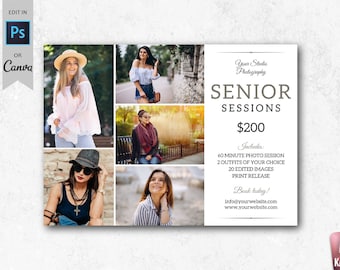 May include: A flyer advertising senior photo sessions for $200. The flyer includes a collage of photos of young women in various poses and outfits. The text on the flyer reads "Senior Sessions $200" and includes details about the session, such as a 60-minute photo session, two outfit changes, 20 edited images, and a print release.