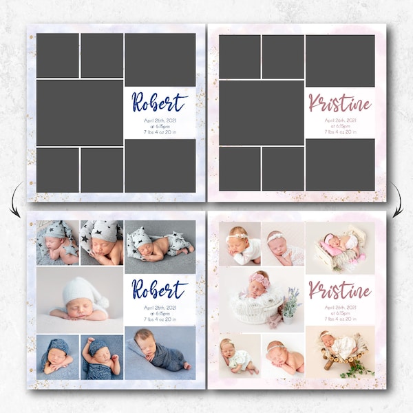 Newborn Photo Collage Templates for Photographers, 12x12 Collage Board, Photoshop Template