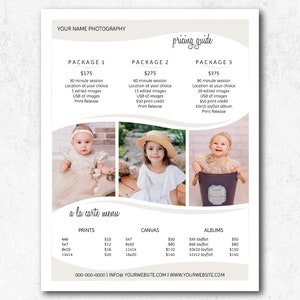 Photographer Pricing Guide Template, Price List Template, Photography