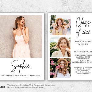 May include: Graduation announcement for Sophie Rose Miller, Class of 2022. The announcement features a photo of Sophie in a white dress and four smaller photos of her. The announcement includes the date, time, and location of the graduation ceremony. It also states that Sophie will be attending Columbia University in the fall and majoring in Management.